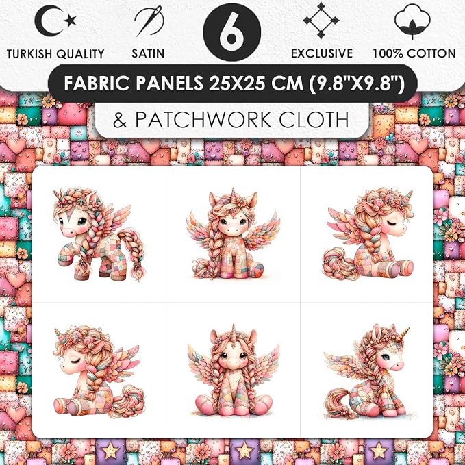 Unicorn Patchwork Cotton Fabric Panel – 6 Designs + Bonus Patchwork Sheet - Image 3