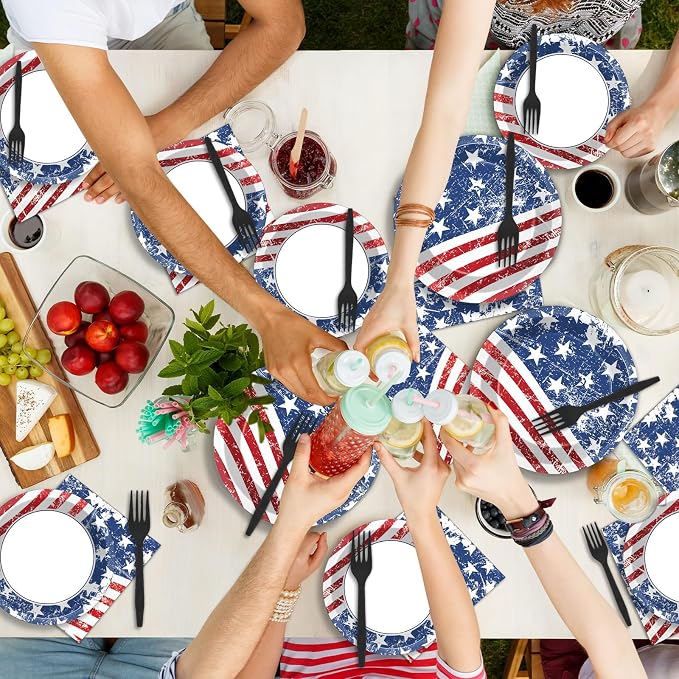 50 Guests 4th of July Paper Plates Napkins Forks American Flag Tableware Set - Image 7