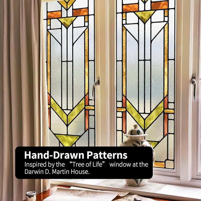 Original Hand Drawn Faux Stained Glass Window Film, Double-Sided Privacy Static - Image 5