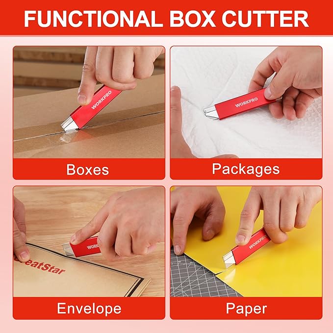 WORKPRO 12-Pack Box Cutter Retractable - Utility Knife with Single Edge Razor Blade - Razor Knife Box Opener Cardboard Cutter with Metal Sheathes- Extra 12-Pack Razor Blades for Replacement - Red