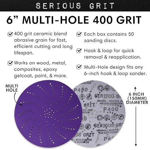 6-Inch 400 Grit Ceramic Multi-Hole Hook & Loop Sanding Discs - Advanced Grain for Fast Cutting & Long Life - Film-Backed Universal Fit Sandpaper for 6-in Sanders - 50 Pack Box