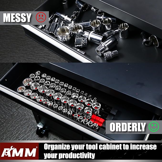 AMM 9-Piece Socket Organizer, 1/2 inch, 3/8 inch and 1/4 inch Drive ABS Tools-Red Socket Holder,Heavy Duty Socket Racks, Premium Quality Socket Clip Rail Holder,The best tool trays in the garage