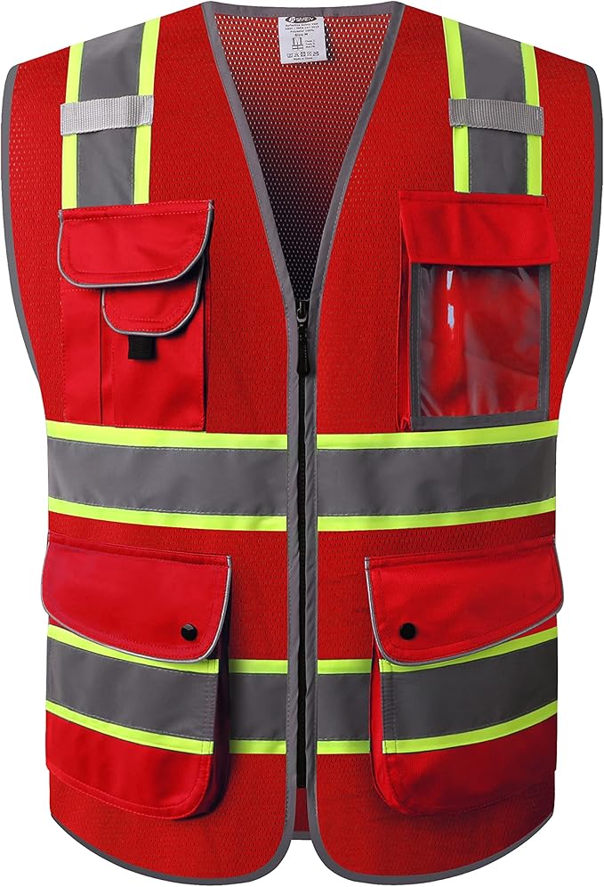 JKSafety 9 Pockets Hi-Vis Neon Red Zipper Front MESH Safety Vest with Fluorescent Yellow Extend Edge outlining the Reflective Tapes Meet ANSI/ISEA Class 2 Standard (100-Red, Large)