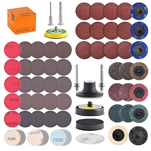 117 Pack 2 inch Hook & Loop Quick Change Sanding Discs Set for Drill Sanding Attachment, Headlight Restoration & Multi-Surface Sanding, Wet/Dry Use, 36-3000 Grit