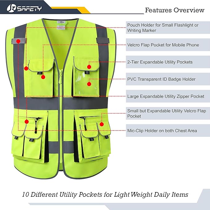 JKSafety 10 Pockets Class 2 High Visibility Zipper Front Safety Vest Yellow with High Reflective Strips Meets ANSI/ISEA Standards (88-Yellow, Medium)