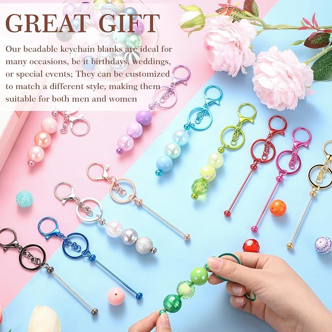 Tondiamo 12 Pcs Beadable Keychains Bars Bulk Blank Beaded Metal Keychain - Image 2