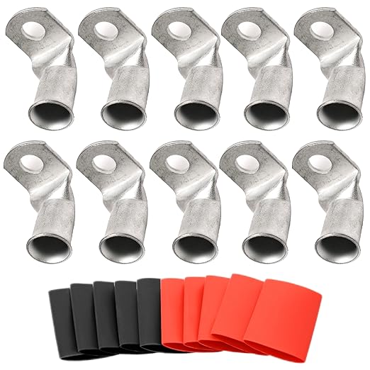 Tinned Copper Cable Lugs 10pcs 2 AWG-3/8 90 Degree Bent Battery Lugs,Heavy Duty Wire Lugs,Ring Terminal,2 Guage terminals,Battery Cable Ends/Terminal Connectors with 10pcs 3:1 Heat Shrink Tubing