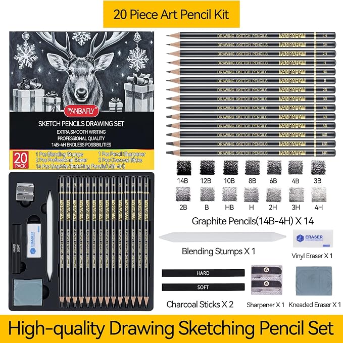 PANDAFLY Drawing Sketching Pencil Set, 20 Piece, 4H-14B Graphite Pencils | Pro - Image 2