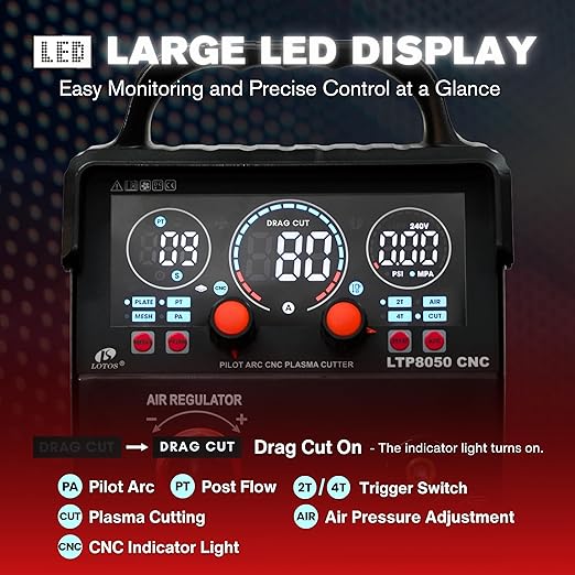 LOTOS LTP8050 CNC 80AMP Blow Back Arc Plasma Cutter, CNC Interface Ready, HTC/Arc OK Output, Drag Cut Enabled, 1" 25mm Clean Cut, Metal Cutting Machine, 220V