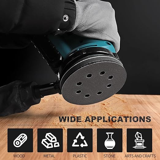 POLIWELL 120pcs 5 Inch Sanding Discs Hook & Loop 8 Holes Wet Dry 320 400 600 800 1000 2000 3000 Grit Orbital Sandpaper with 2pcs Interface Pads, Silicon Carbide Round Flocking Sandpaper