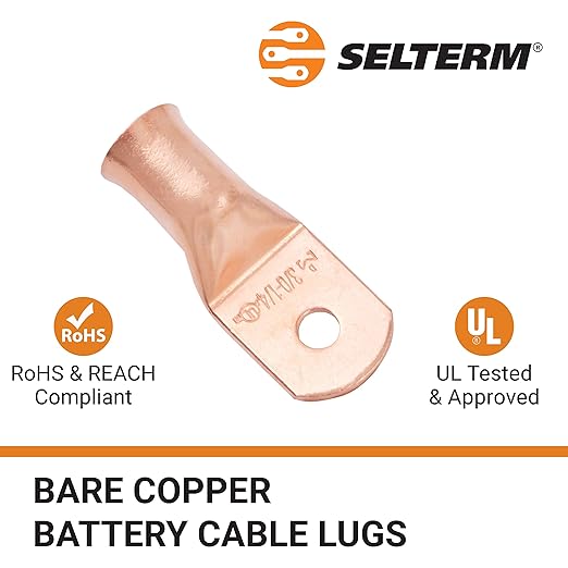 SELTERM 25pcs 3/0 AWG 1/4" Stud Battery Lugs, Ring Terminals, Heavy Duty Copper Wire Lugs, Battery Cable Ends, 000 Gauge Ring Terminal Connectors, UL Bare Copper Eyelets Electrical Battery Cable Lugs