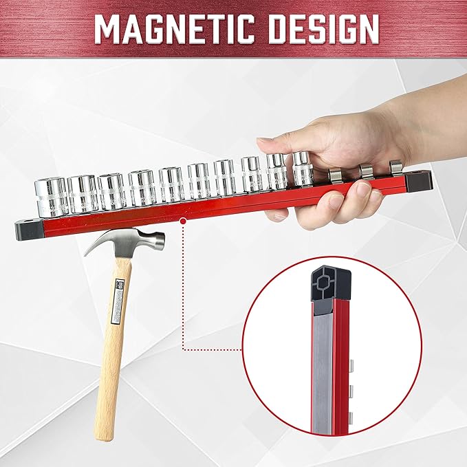 ALOANES 3-Piece Magnetic Socket Organizer, Heavy Duty Aluminum Socket Rails Organizer, Socket Rail Holder for Tool Box, 1/4-Inch Socket Holder x 45 Stainless Clips (Red)