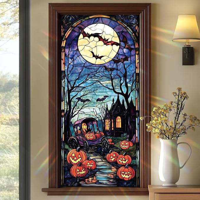 Halloween Stained Glass Window Film 17.71x39.97 Inch Pumpkin Carriage Ghost by Unknown