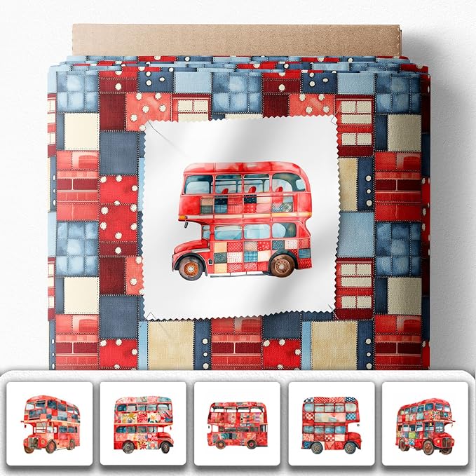 Patchwork Double-Decker Bus Cotton Fabric Panel – 6 Designs + Bonus Sheet - Image 2