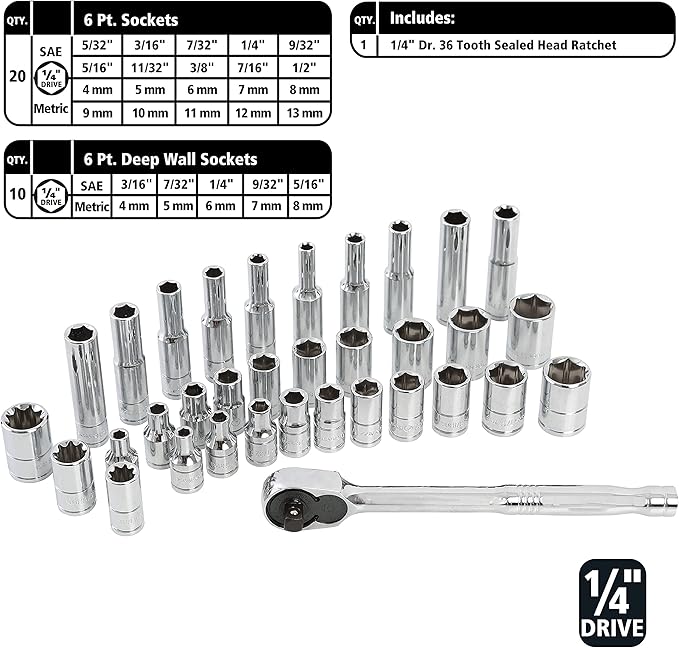 GreatNeck HC82U 82-Piece Mechanic's Tool Set – SAE & Metric, 1/4", 3/8", 1/2" Drive Socket Set, Chrome Vanadium, Posi-Grip No-Slip™, Reversible Ratchets, Storage Case Included