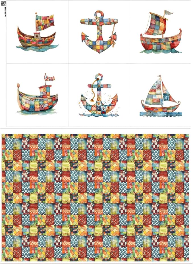 Patchwork Boat Cotton Fabric Panel – Six 10×10 inch Designs + Bonus 29.5×19.6 by FabricsTown