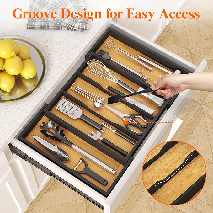 Lifewit Utensil Organizer for Kitchen Drawer, Bamboo Cooking Utensil Tray, Expandable Cutlery Silverware Flatware Holder, Adjustable Spatula Tools Gadgets Storage Divider, Large, Natural and Black