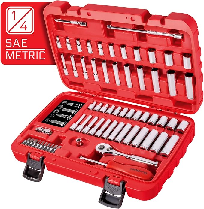 CARBYNE 1/4" Drive 6 Point Socket & Ratchet Set - 65 Piece | SAE & Metric. Includes Metric 4mm to 14mm, SAE 5/32" to 9/16. Chrome Vanadium Steel • From a Family-Run Tool Company Based in the U.S.A.