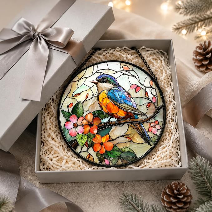 Birds and Flower Acrylic Suncatcher Faux Stained Glass Window Hanging 6.3" | - Image 2