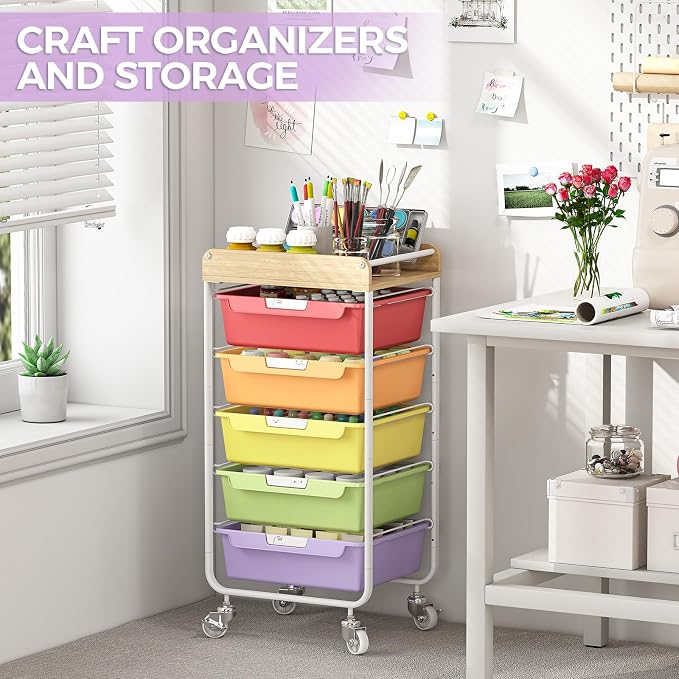 SYKIARIOL Utility Cart with 5 Labeling Drawers and Wooden Tabletop – Rolling - Image 6