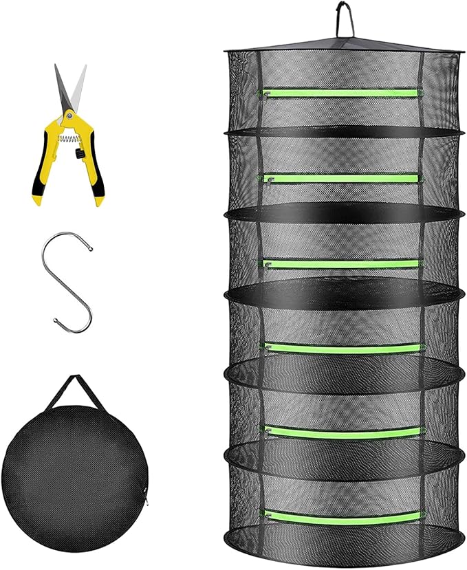 Layer 2ft Herb Drying Rack Hanging Mesh Net with Green Zippers,Bonus Hook Drying Rack Herbs for Plant Bud Seed,Herb Dry Net for Garden(6 Layer, Zipper Type)