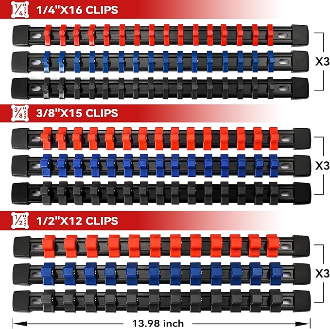 ALOANES 27 PC ABS Socket Organizer, 1/2 inch, 3/8 inch and 1/4 inch Drive Socket Rail Holders, Heavy Duty Socket Racks, Black Rails with Red, Blue and Black Clips