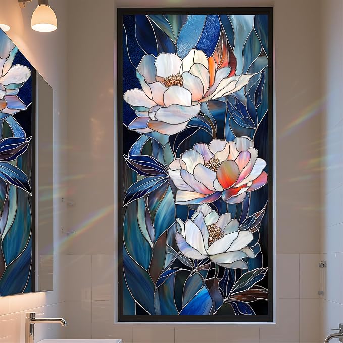 Stained Glass Window Privacy Film: Non-Adhesive Sun and Landscape Mosaic Design by AOHMPT