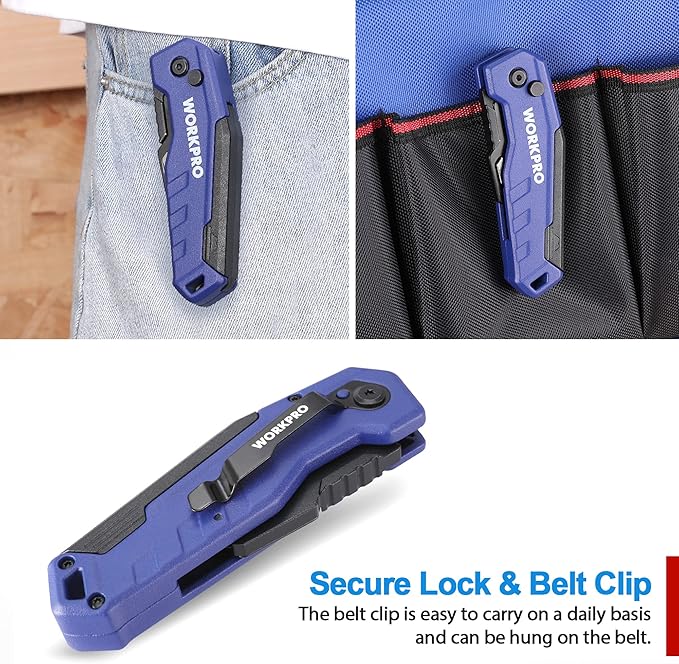 WORKPRO Folding Utility Knife, Quick Change Box Cutter, Razor Knife for Cartons, Cardboard, Boxes, Blade Storage in Aluminum Handle, 13 Extra Blades Included (Blue)