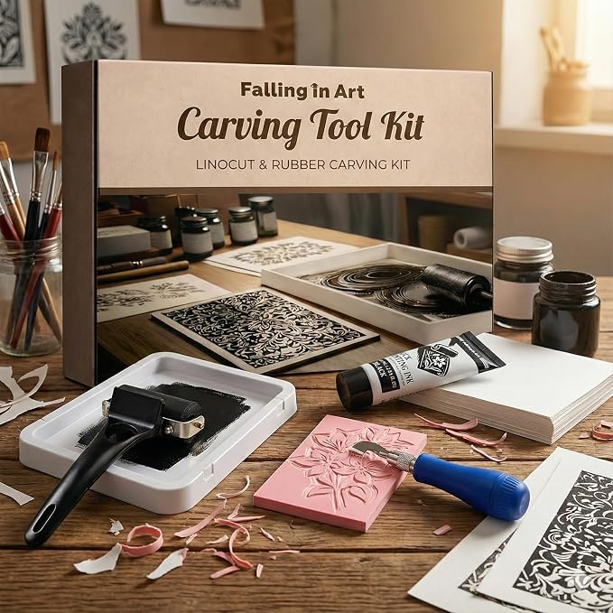 Falling in Art Linocut Kit for Printmaking, Rubber Block Stamp Printing Kit - Image 6