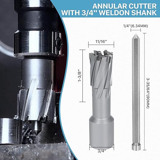 KEENTECH Carbide-Tipped Annular Cutter, 11/16" Diameter x 1-3/8" Depth, 3/4" Weldon Shank (2 Flat), High Speed Cutting TCT Mag Drill Bit with Pilot Pin for Harder Material, Stainless Steel, Cast Iron