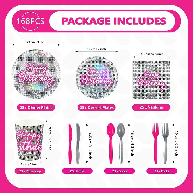 168 Pcs Hot Pink Disco Theme Party Decorations Serves 24 | Hot Pink Silver - Image 2