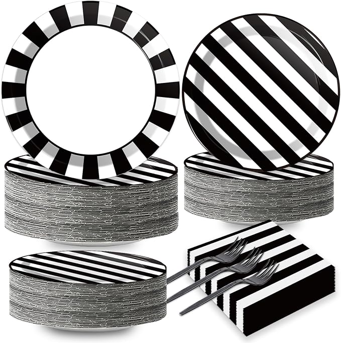 200pcs Black and White Party Plates Napkins Forks Striped Theme Party Tableware by Naozinebi