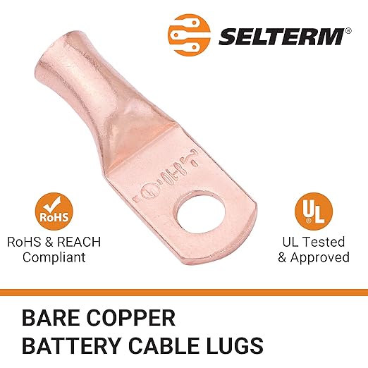 SELTERM 2pcs 8 AWG #10 Stud Copper Wire Lugs, Battery Lugs, Ring Terminals, Battery Cable Ends, 8 Gauge Ring Terminal Connectors, UL Heavy Duty Bare Copper Eyelets Battery Terminal Connectors