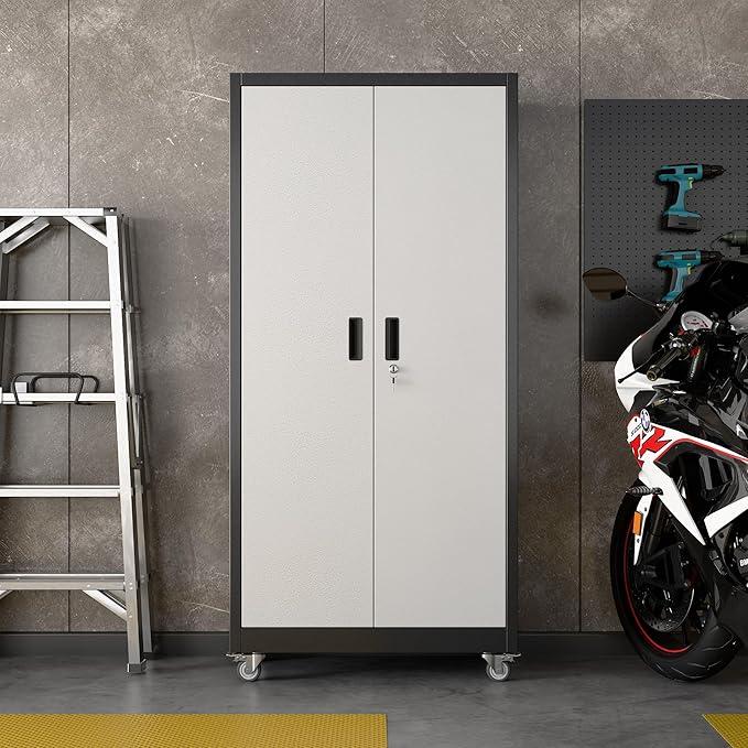Aobabo 71" H×32" W×16" D Metal Storage Cabinet with Wheels, Garage Steel Storage Cabinet with 5 Adjustable Shelves and 4 Hooks for Home Office,Kitchen, Black Silver,Assembly Required