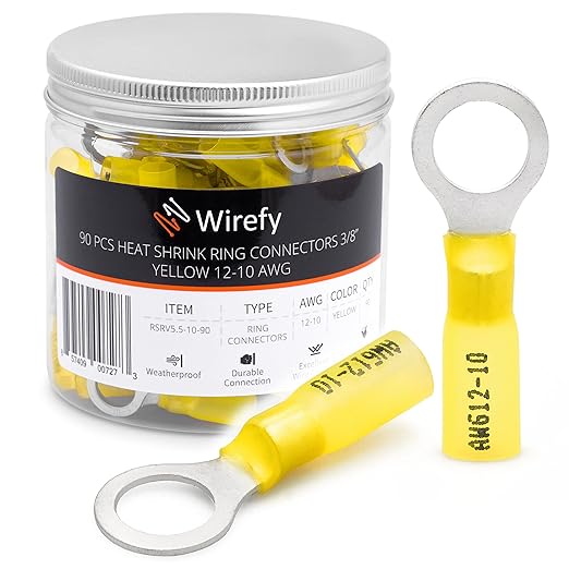 Wirefy 90 PCS Heat Shrink Ring Terminals 3/8" - a Resistant Ring Connectors - Eyelet Wire Connectors - Yellow 10-12 AWG