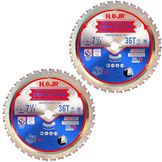 2-Pack 7-1/4" 36 Tooth 5/8" Arbor Demolition Circular Saw Blade Woodworking TA Series, Demolition/Framing, Special Anti-Heat Adhesion Coating on Cutting Head -TA, DEM 7-1/4"36T-TA