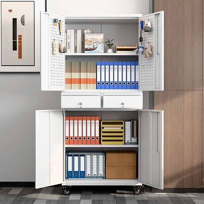 Garage Storage Cabinet with Wheels, Metal Storage Cabinet with 2 Drawers and 2 Adjustable Shelves, Metal Lockers with Pegboards for Homes, Offices, Kitchens, Schools and Pantries, White