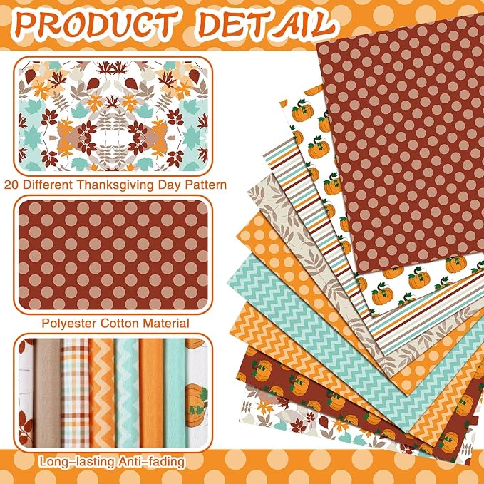 HunnmingRe 20 Pcs 10''x10'' Fall Quilting Fabric Square Autumn Pumpkin Precuts - Image 3