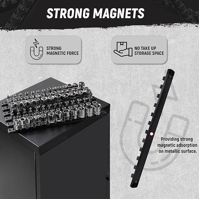 ALOANES Magnetic Socket Organizer, 1/4-Inch Drive Aluminum Socket Holder Socket Tray, Heavy Duty Socket Rail Organizer for Tool Box Drawer, 360°Swivel Clips Socket Rack 1/4-Inch x 14 Clips (Black)