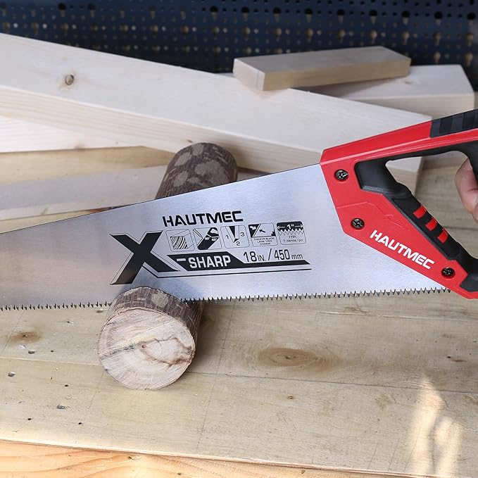 HAUTMEC 18-Inch X-Sharp Pro Hand Saw, Long Wood Saw with 7 TPI Triple Ground Teeth, Thick Blade & Ergonomic Handle, Universal Handsaw for Wood, PVC, Plastic & Trimming – HT0151