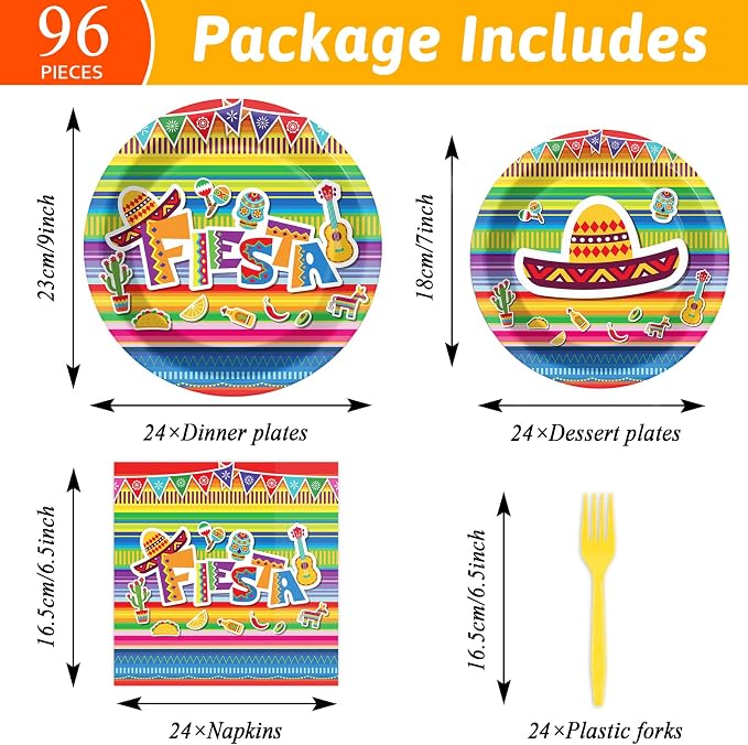 96 Pieces Fiesta Party Decorations Mexican Plates Tableware Set - Image 2