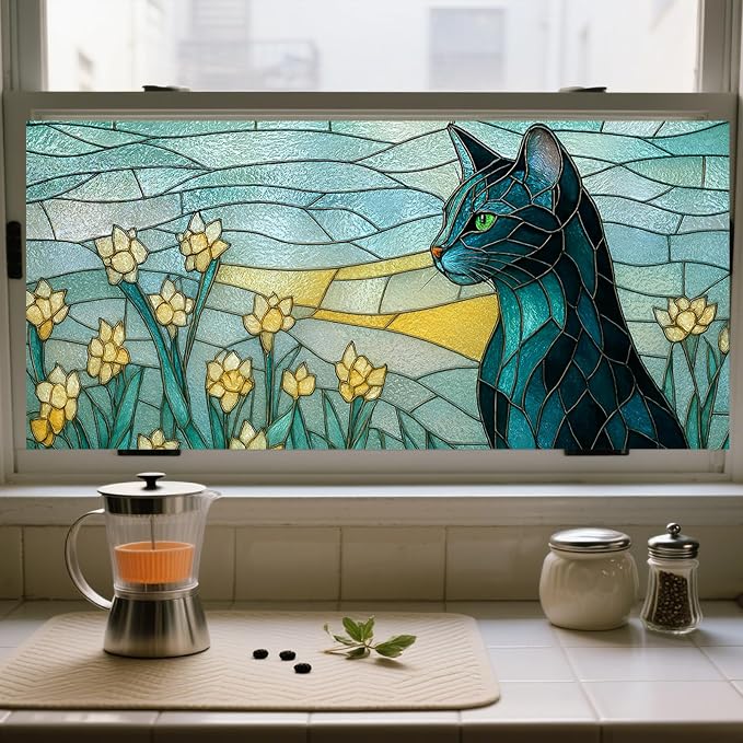 IVN Stained Glass Window Film 39.3x17.7 inch Cat and Daffodils Window Privacy - Image 6