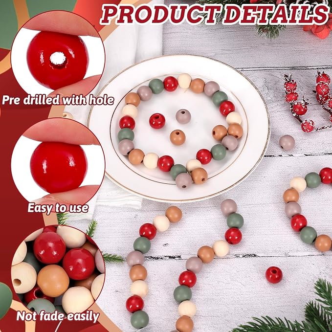 Whaline 240Pcs Christmas Wooden Beads Vintage Red Green Beige Round Loose Bead - Image 3