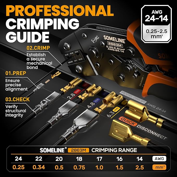 SOMELINE Wire Terminal Crimping Tool Kit,2.8/3.9/4.8/6.3mm Male Female Disconnect Terminals,AWG 24-14 Crimping Pliers for Molex 2.13/2.36mm, AMP - TE CONNECTIVITY Connectors,With Wire Stripper Set