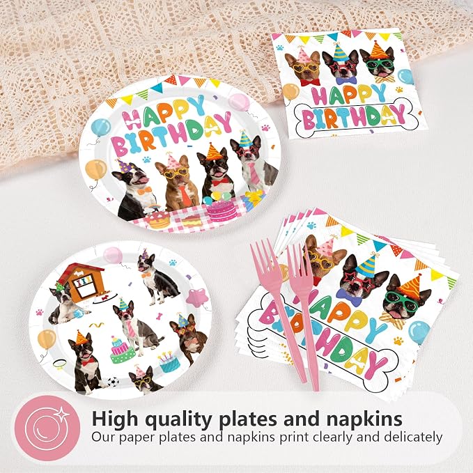 96 Pcs Boston Terrier Birthday Party Decoration Dog Puppy Theme Plates and - Image 3