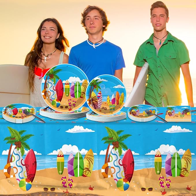 100 Pcs Summer Beach Surfing Party Paper Plates Napkins Supplies - Image 6