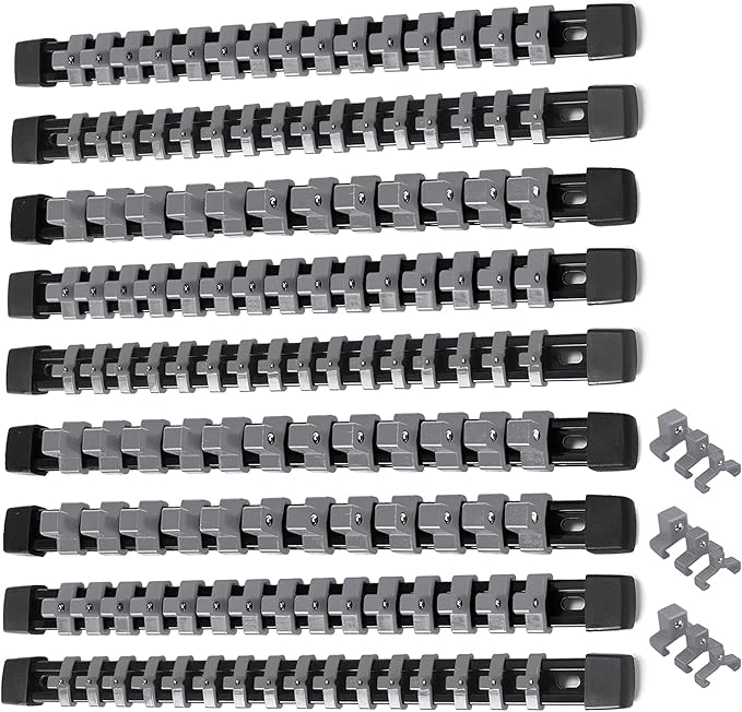ALOANES 9PC ABS Socket Organizer, 1/2 inch, 3/8 inch and 1/4 inch Drive Socket Rail Holders, Heavy Duty Socket Racks, Black Rails with Gray Clips