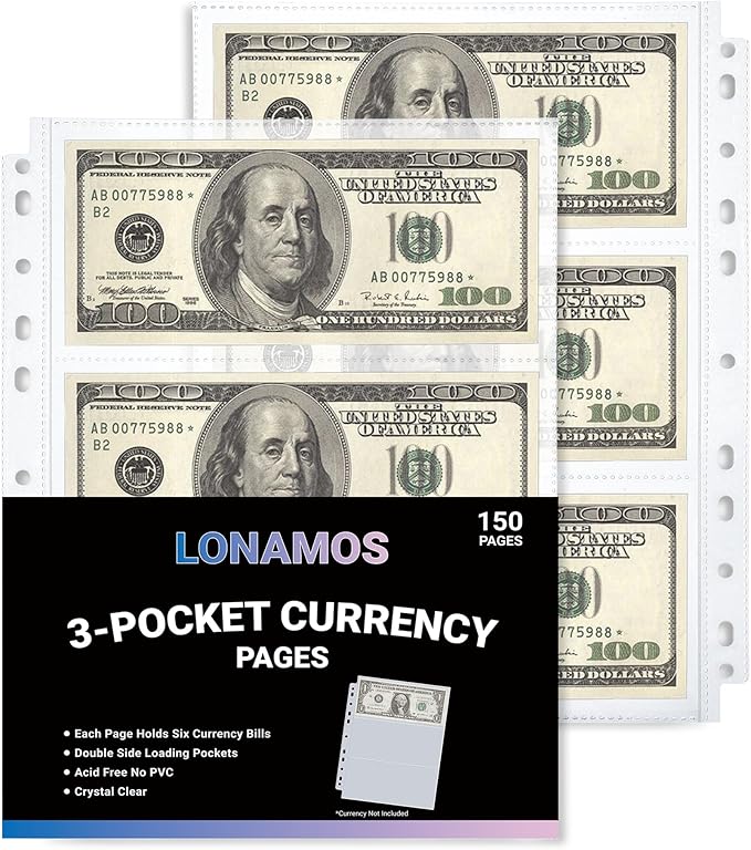 150-Sheets Double-Side 3-Pocket Currency Pages by Unknown