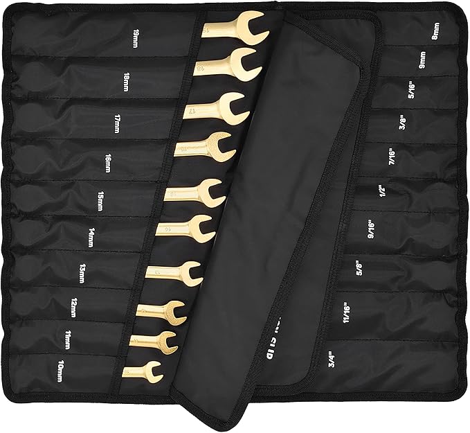 20 Pc. 6-Point SAE, Metric 15° Offset Vintage G-Plating Reversible Non-Slip Long Pattern Ratcheting Combination Wrench Set (5/16" -3/4" & 8-19 mm)