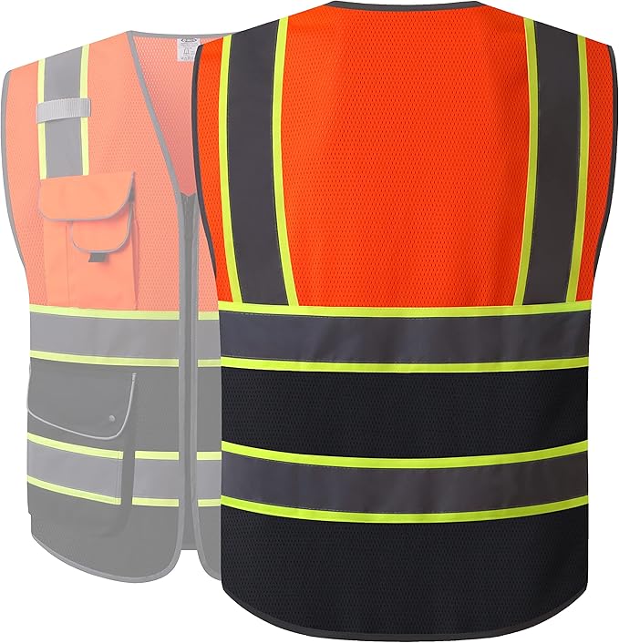 JKSafety 9 Pockets Class 2 High Visibility Dual Color Zipper Front MESH Lite Safety Vest | Yellow Color Triming Reflective Strip | ANSI/ISEA Standards (100-Orange-Black, M)